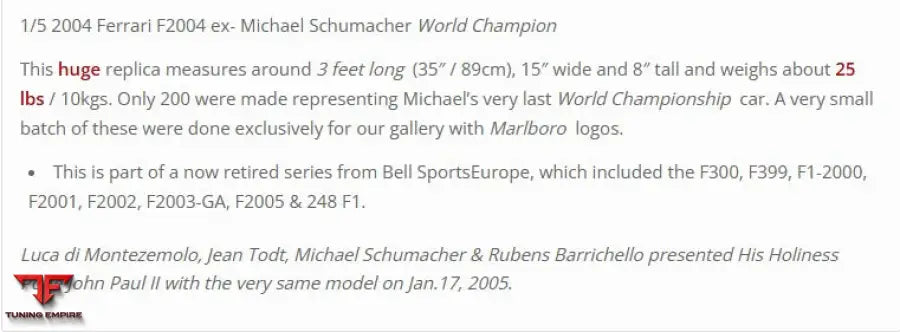2004 FERRARI FORMULA CAR 1:5 SCALE MICHAEL SCHUMACHER WORLD CHAMPION MODEL